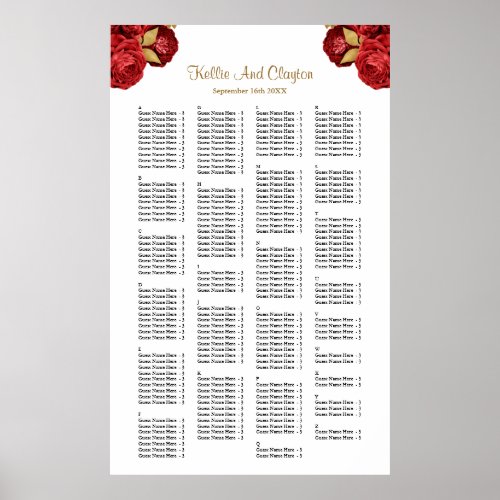 200 Red And Gold Floral Wedding Seating Chart