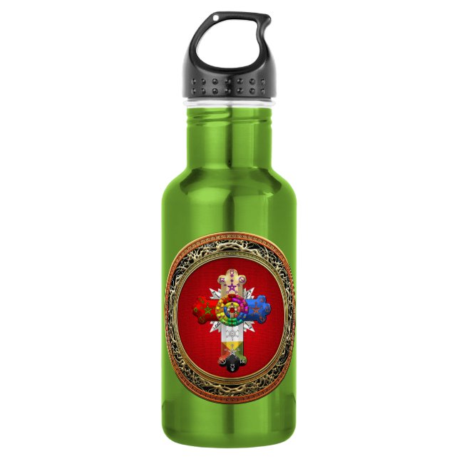 [200] Rosy Cross (Rose Croix) on Red & Gold Stainless Steel Water Bottle (Front)