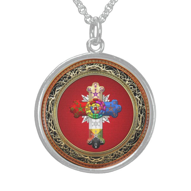[200] Rosy Cross (Rose Croix) on Red & Gold Sterling Silver Necklace (Front)