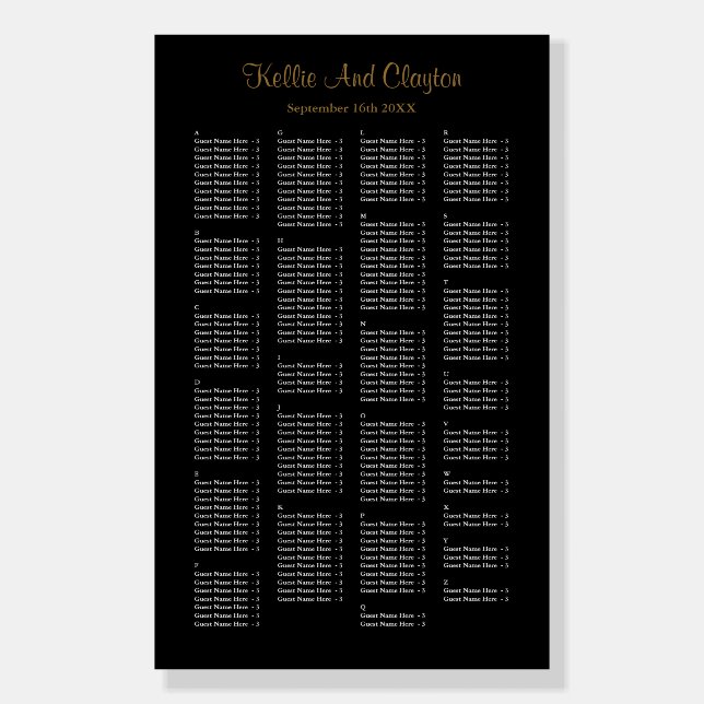 200 Simple Black Wedding Seating Chart Foam Board (Front)