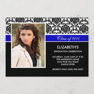 2011 Black Damask Photo Graduation Invitation Blue