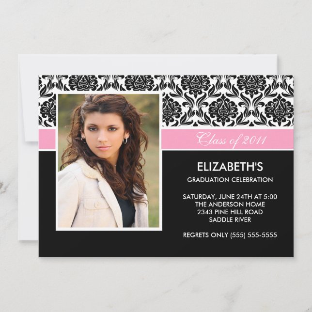 2011 Black Damask Photo Graduation Invitation pink (Front)