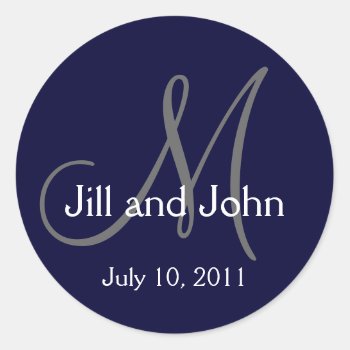 2011 Monogram Wedding Names Save Date Navy Sticker by MonogramGalleryGifts at Zazzle