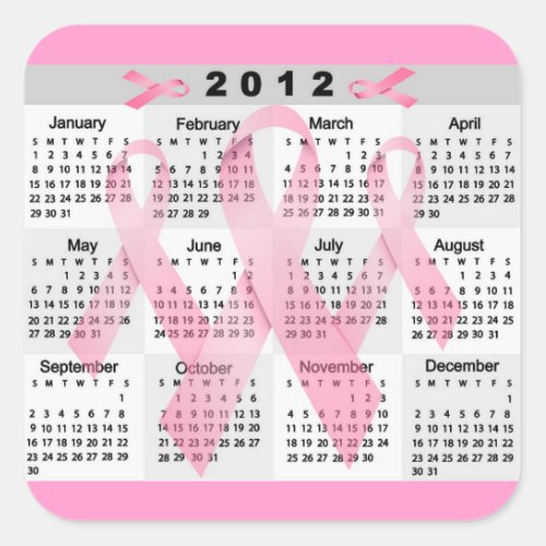 2012 CALENDAR PINK RIBBONS BREAST CANCER AWARENESS SQUARE STICKER