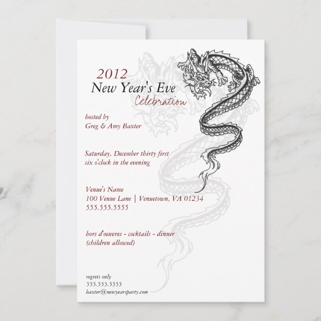 2012 Dragon New Year's Eve Party Invitaitions Invitation (Front)