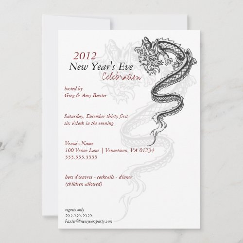 2012 Dragon New Years Eve Party Invitaitions Invitation