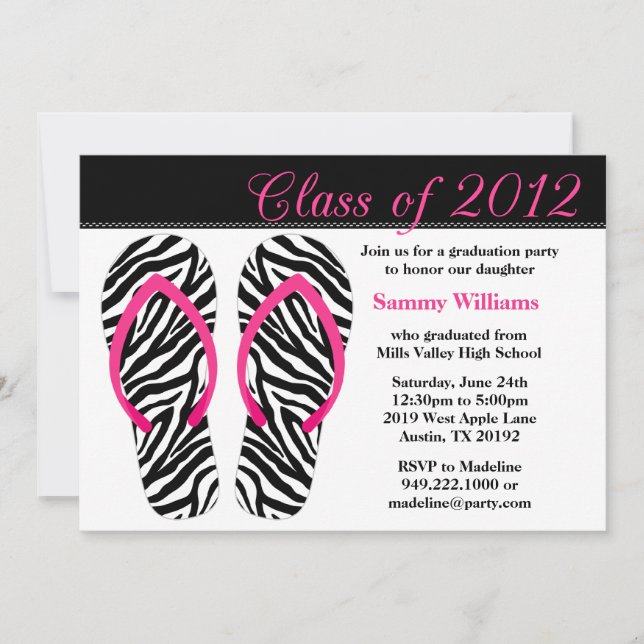 2012 Graduation Party Pink Black Zebra Flip Flops Invitation (Front)