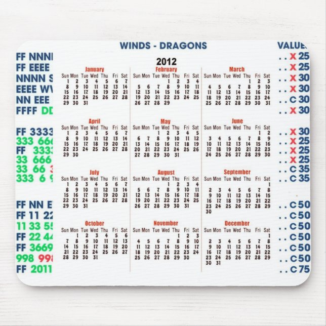 2012 Mah-Jongg Calendar Mouse Pad (Front)