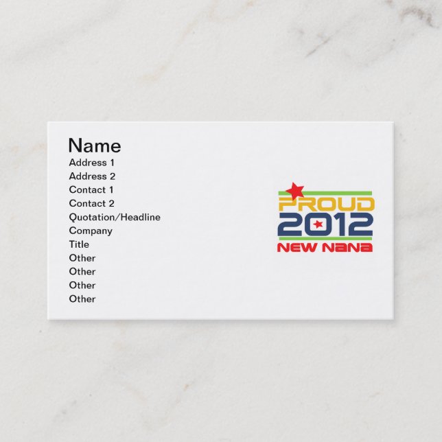2012 Proud Nana T-shirts and Gifts Business Card (Front)