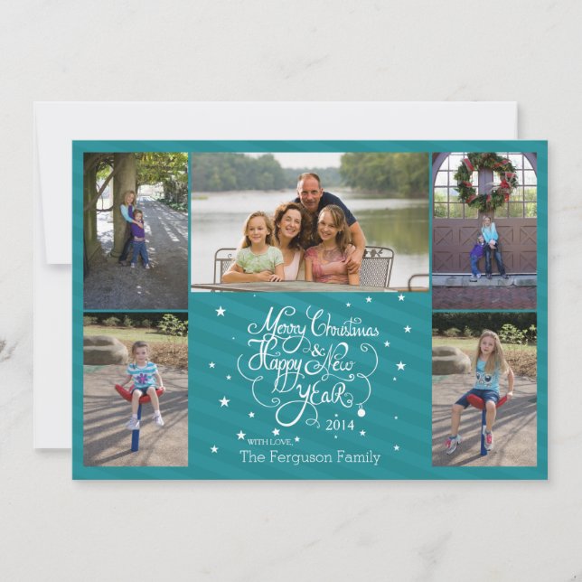 2014 5 photo Christmas holiday card blue stripes (Front)