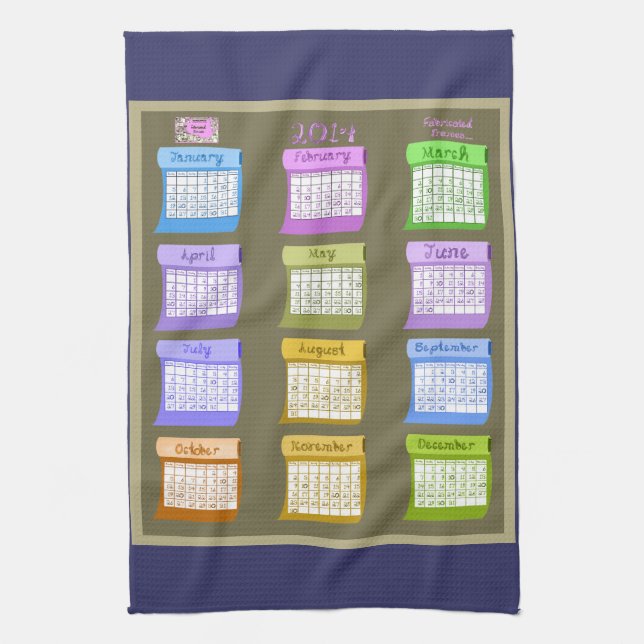 2014 calendar fabric bolts kitchen tea towel navy (Vertical)