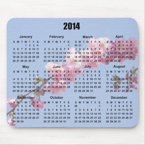 2014 Calendar Pink Blossom Flowers blue sky gift Mouse Pad