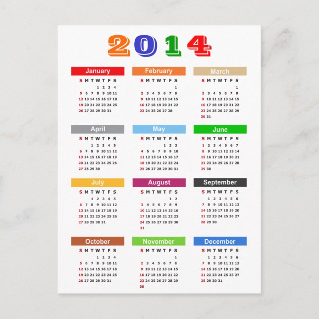 2014 Calendar - Standard Multiple Colors Theme Postcard (Front)