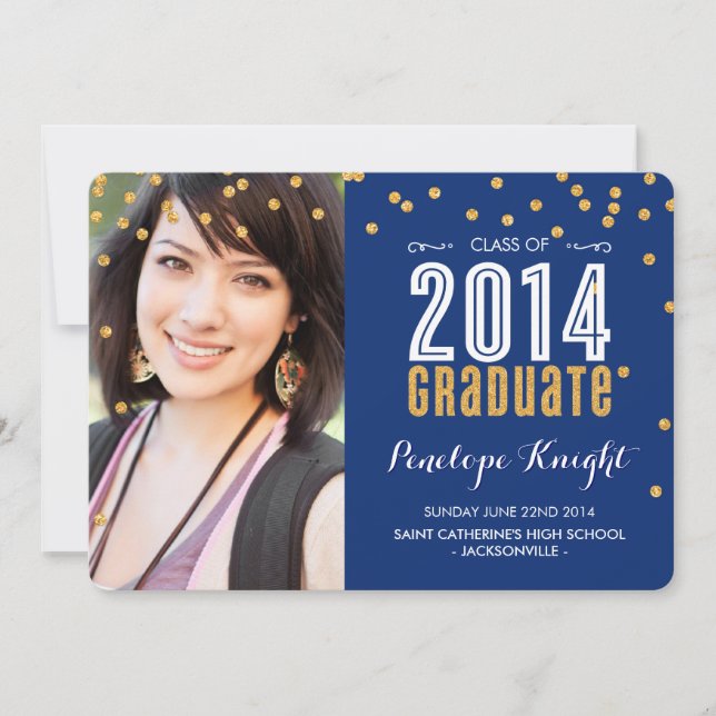 2014 GRADUATE gold glitter confetti royal blue Invitation (Front)