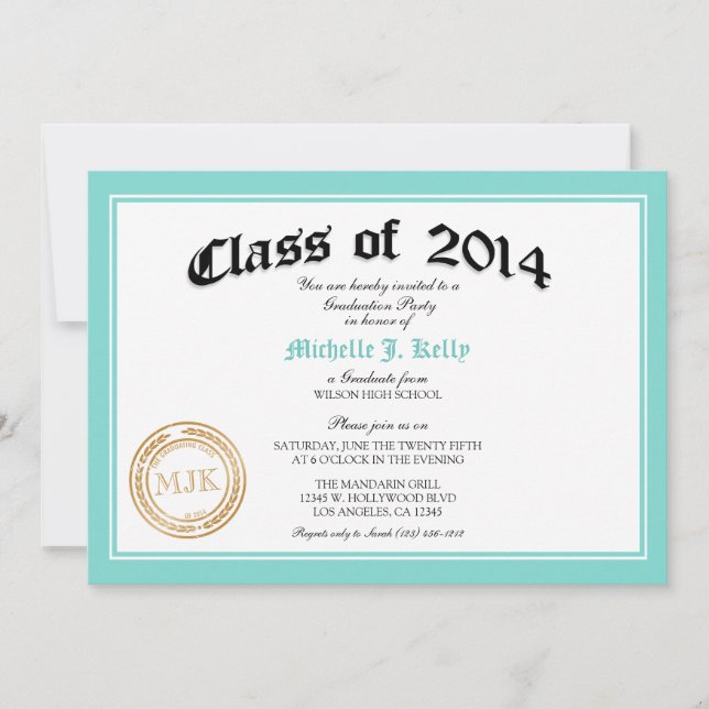 2014 Teal Blue Diploma Graduation Party Invitation (Front)