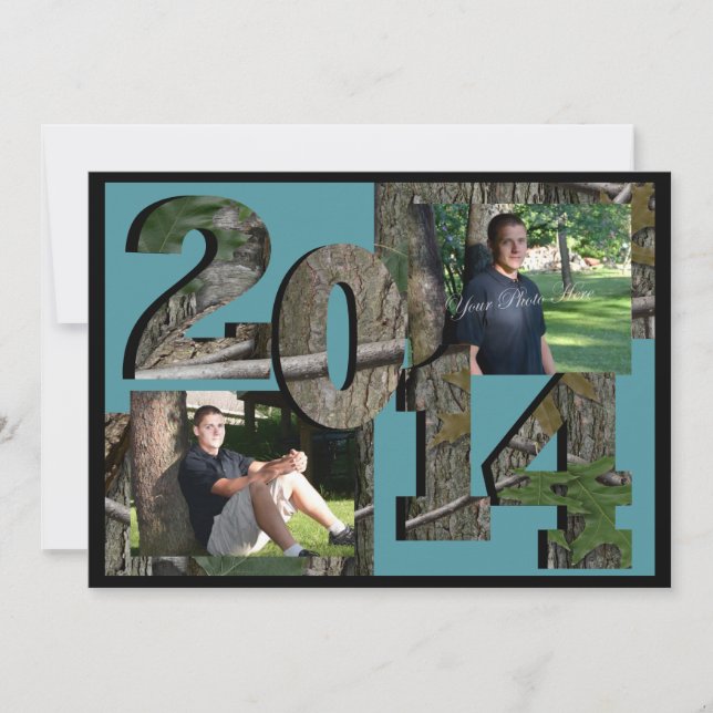 2014 Tree Camo Twin Photo Teal Blue Invitation (Front)