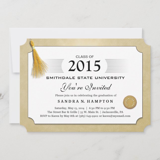 2015 Diploma Graduation Gold Border & Gold Tassel Invitation (Front)