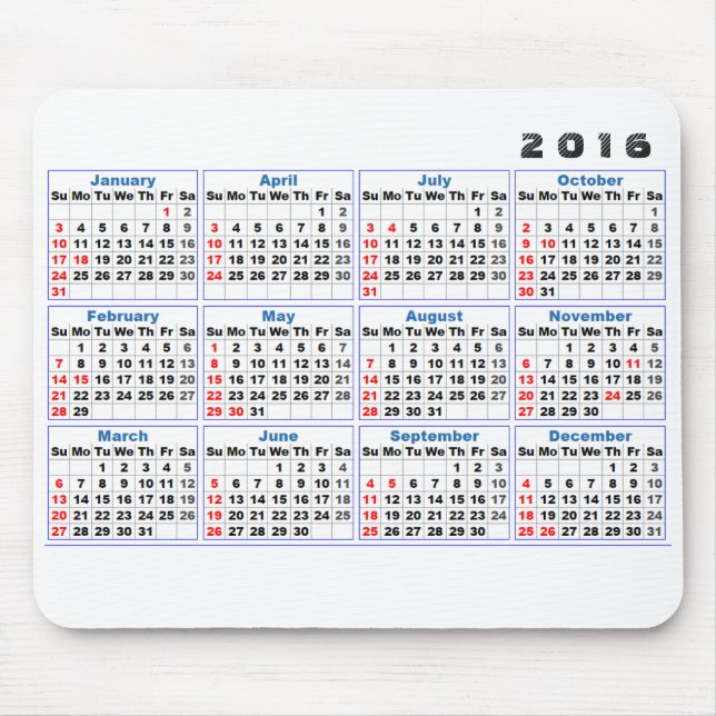 2016 Calendar Mousepad Simple Turquoise (Front)