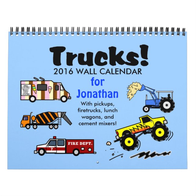 2016 Cartoon Trucks Calendar Personalized Name (Cover)