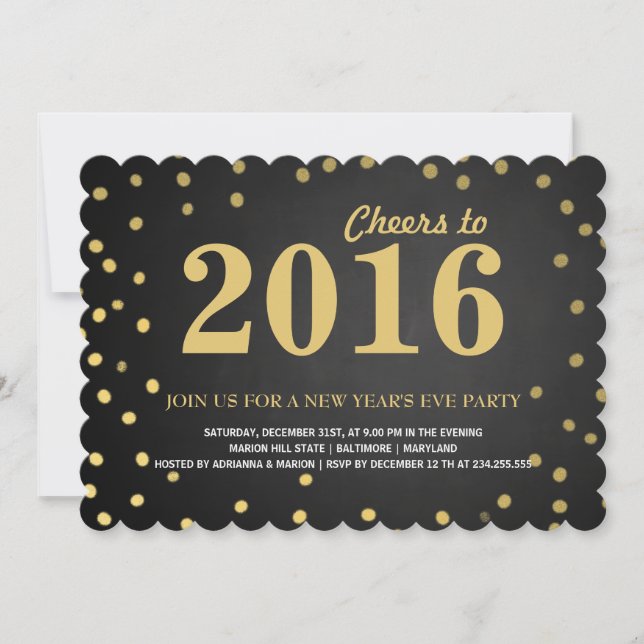 2016 Chalkboard Gold Confetti New Years Party Invitation (Front)