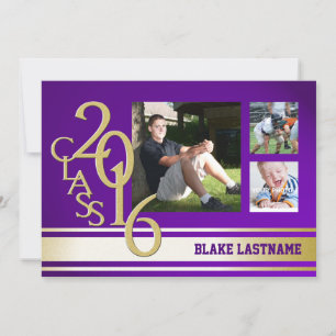 2016 Gold Purple Varsity Stripe Graduate Tri Photo Invitation