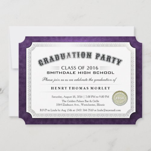 2016 Graduation Diploma Purple  White Invite