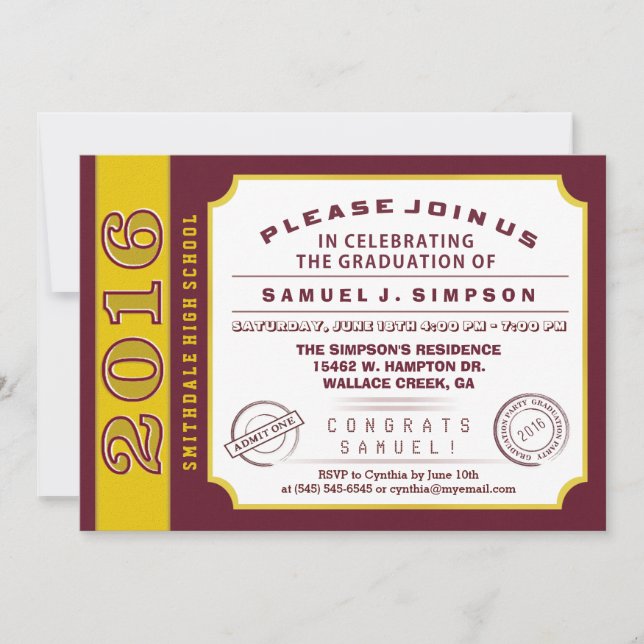 2016 Maroon Red & Gold Ticket Graduation Invite (Front)