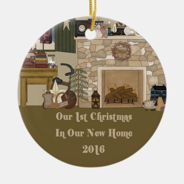 2016 New Home Christmas Prim Fireplace Ceramic Ornament (Front)