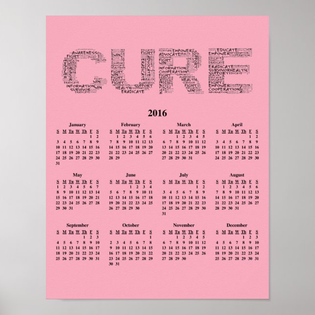 2016 Wall Calendar Breast Cancer Awareness Poster (Front)