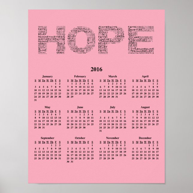 2016 Wall Calendar Breast Cancer Awareness Poster (Front)