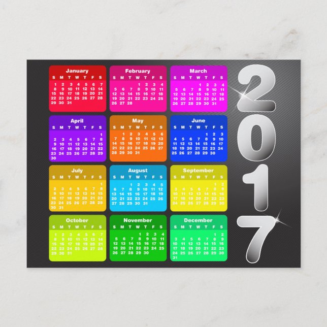 2017 Calendar in bright rainbow colors Postcard (Front)