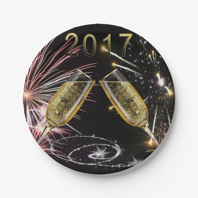 2017 Champagne Glasses and Fireworks Paper Plates (Front)