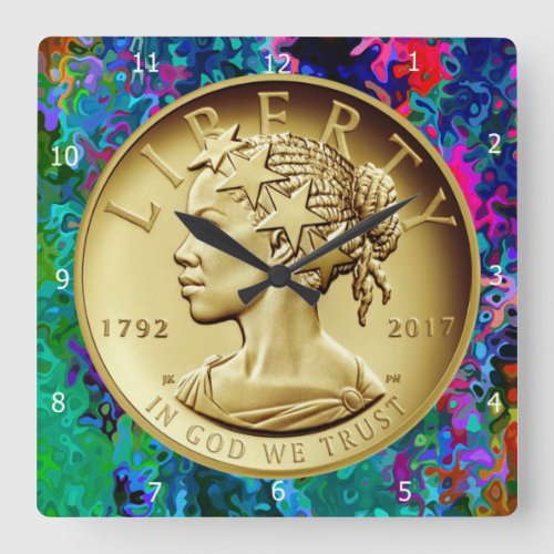 2017 GOLD LADY LIBERTY COIN__ SQUARE WALL CLOCK