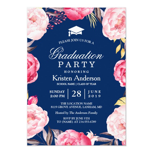 2018 Grad Floral Wreath Navy Blue Graduation Party Card