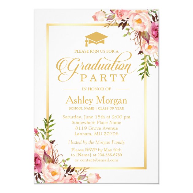 2018 Graduation Party Chic Floral Golden Frame Card (front side)