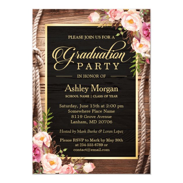 2018 Graduation Party Floral Rustic Country Wooden Card (front side)