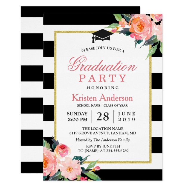2018 Graduation Party Modern Floral Black Stripes Card (front side)