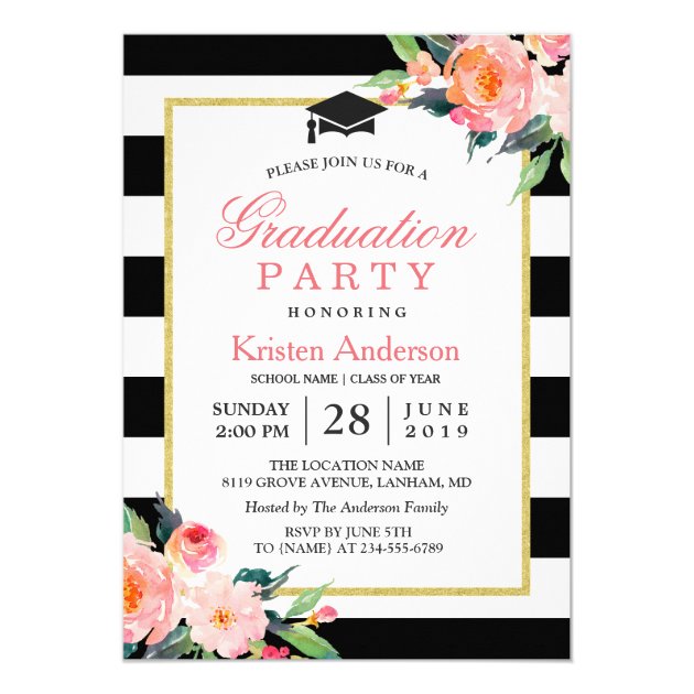 2018 Graduation Party Modern Floral Black Stripes Card