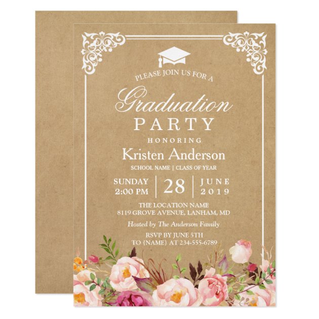 2018 Graduation Party | Rustic Floral Frame Kraft Card