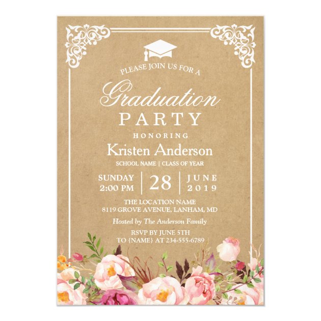 2018 Graduation Party | Rustic Floral Frame Kraft Card