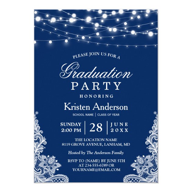 2018 Graduation Party String Lights Lace Navy Blue Card