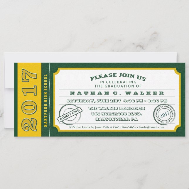2017 Green & Gold Ticket Graduation Party Invite (Front)
