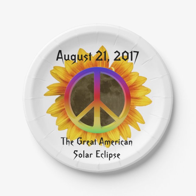 2017 Solar Eclipse, Sunflower and Peace Symbol Paper Plates (Front)