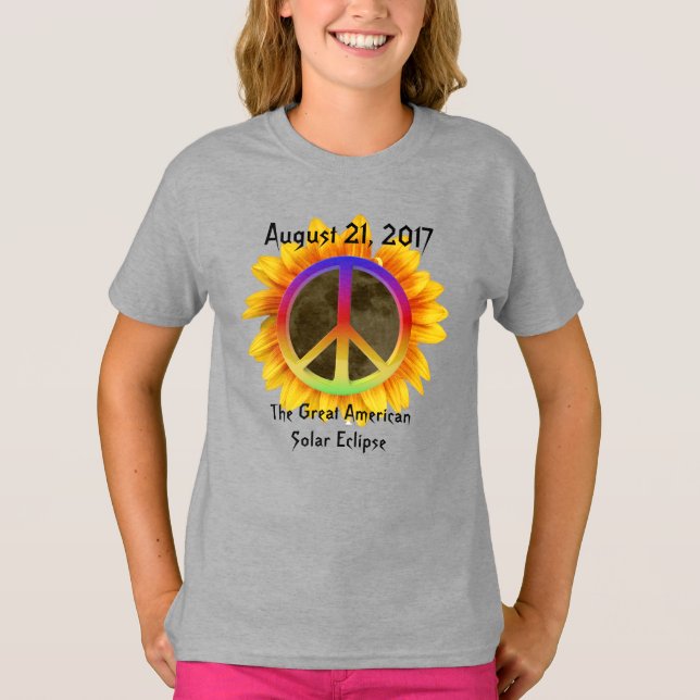 2017 Solar Eclipse, Sunflower and Peace Symbol T-Shirt (Front)