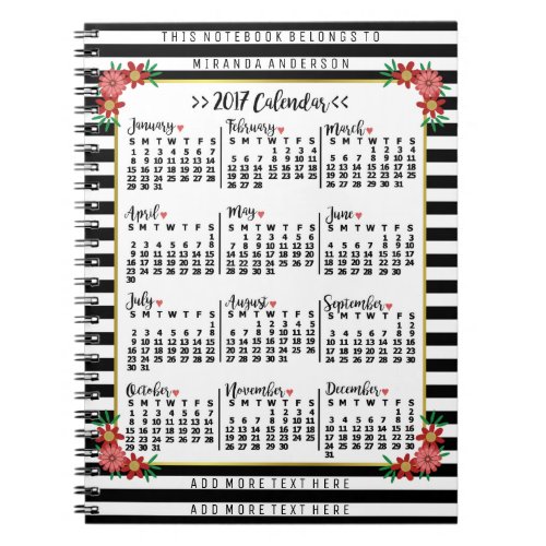 2017 Year Monthly Calendar Flowers Stripe Add Text Notebook