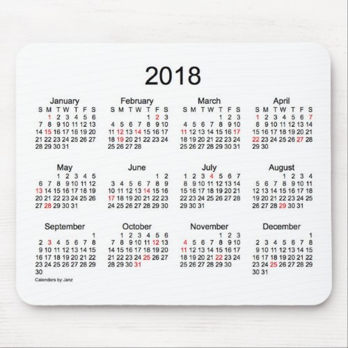 2018 Black and White Holiday Calendar by Janz Mouse Pad