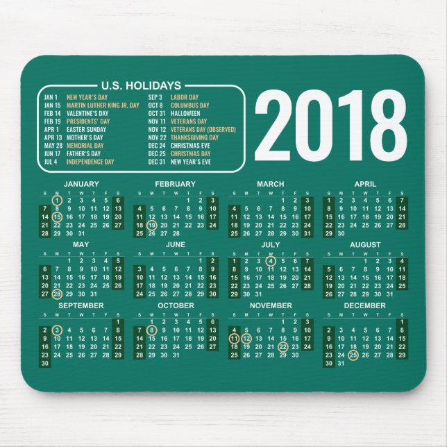 2018 Calendar Mousepad with US Holidays in Green (Front)
