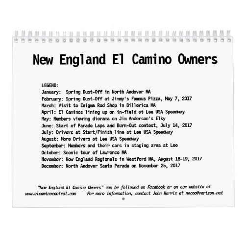 2018 Calendar of New England El Camino Owners