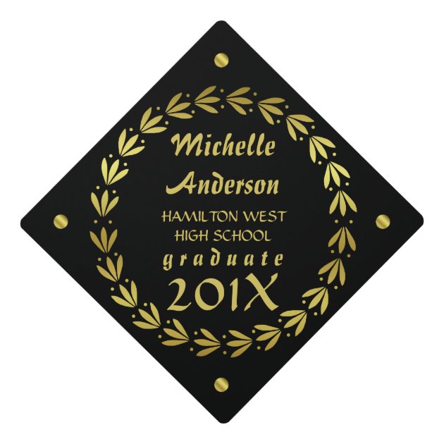 2018 Graduation | Black Gold Laurel Wreath Custom Graduation Cap Topper