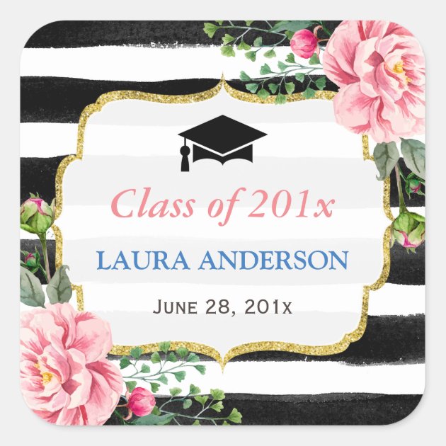 2018 Graduation Floral Black White Stripe Square Sticker